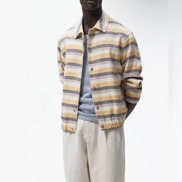 NWT ZARA Striped Beige Yellow Multicolored Structured Bomber Jacket Size M & L - Picture 2 of 12